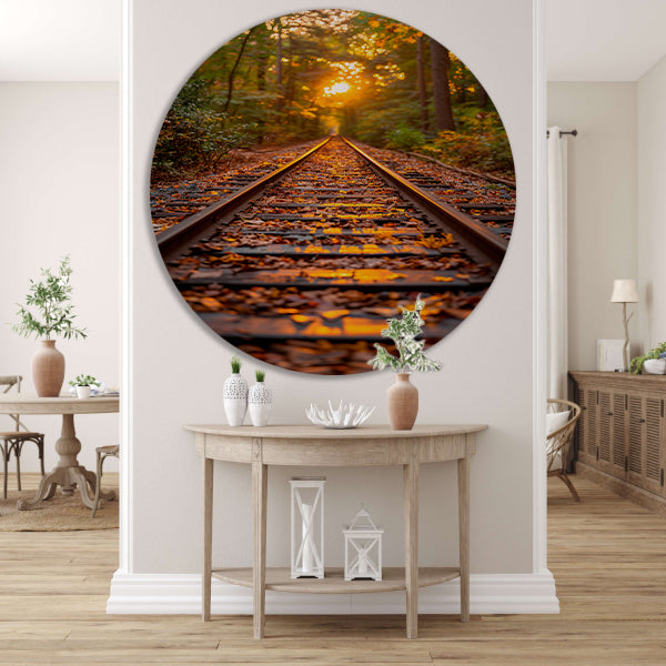 Treinspoor in herfstbos aluminium muurcirkel