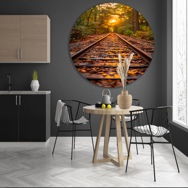 Treinspoor in herfstbos aluminium muurcirkel