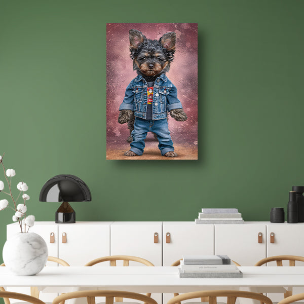 Hyperrealistische Yorkshire Terriër in spijkerjas acrylglas