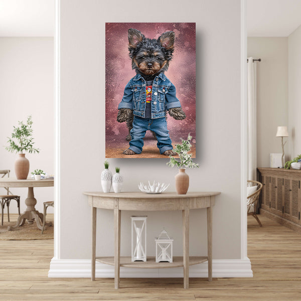 Hyperrealistische Yorkshire Terriër in spijkerjas acrylglas