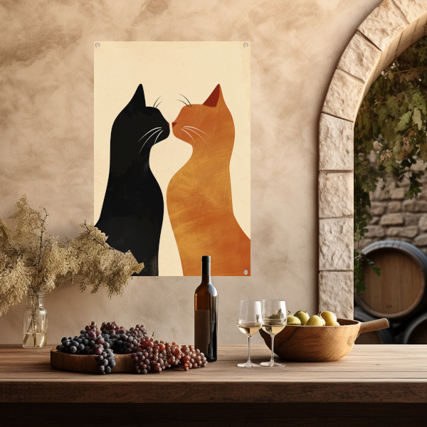Twee katten in liefdevolle pose met aardetinten tuinposter