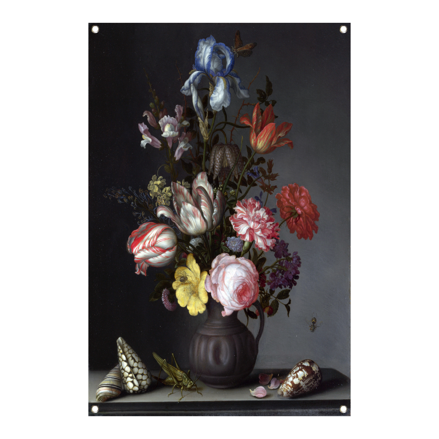 Bloemen in een vaas met schelpen en insecten - Balthasar van der Ast tuinposter