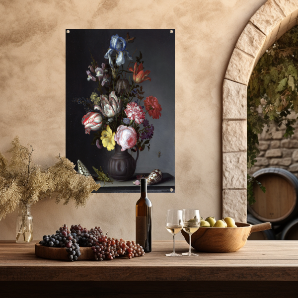 Bloemen in een vaas met schelpen en insecten - Balthasar van der Ast tuinposter