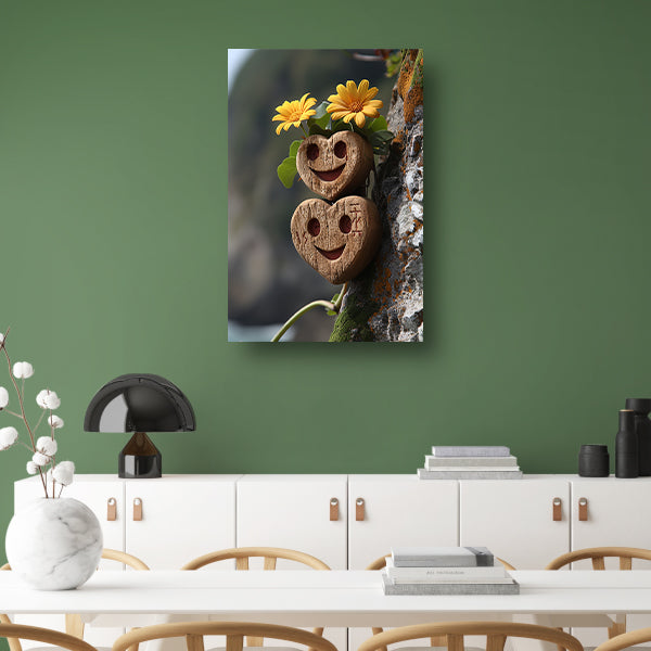 Twee houten harten met gele bloemen poster