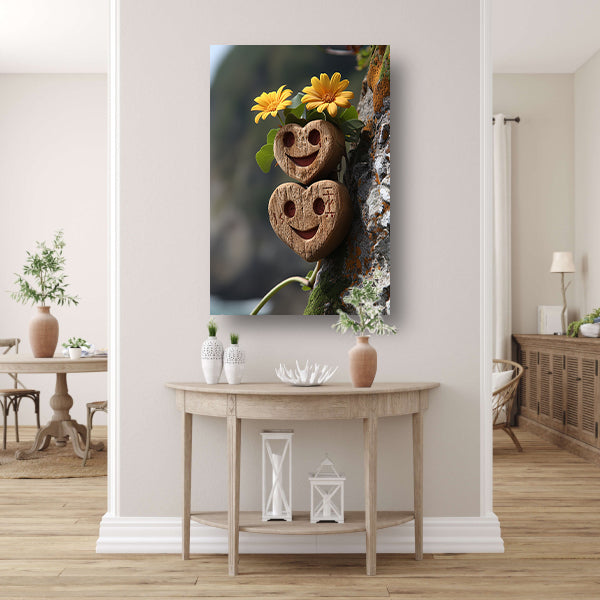 Twee houten harten met gele bloemen poster