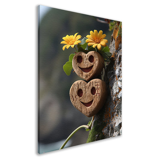 Twee houten harten met gele bloemen canvas