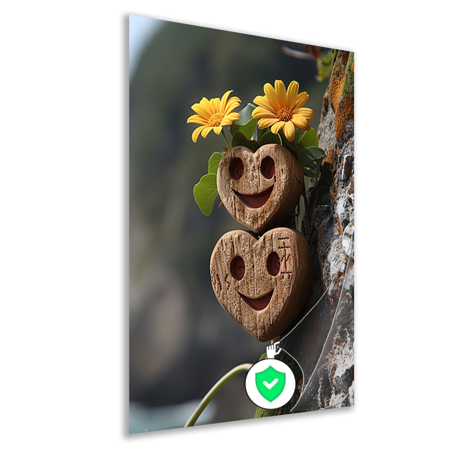 Twee houten harten met gele bloemen poster