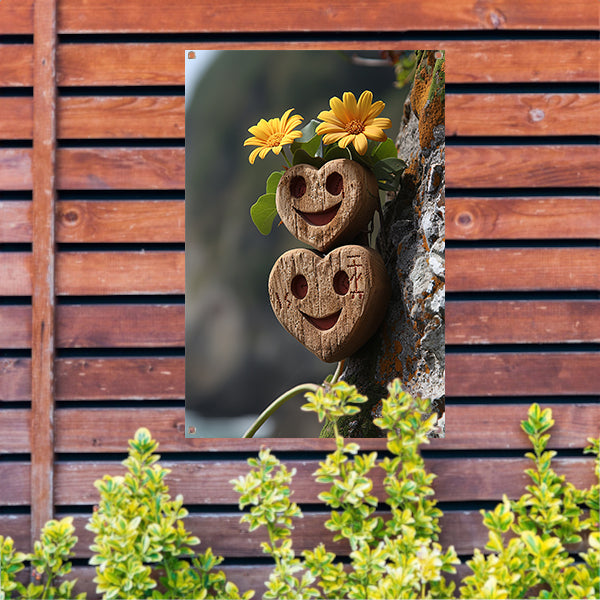 Twee houten harten met gele bloemen tuinposter