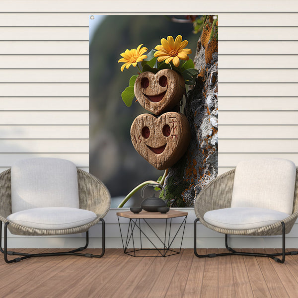 Twee houten harten met gele bloemen tuinposter