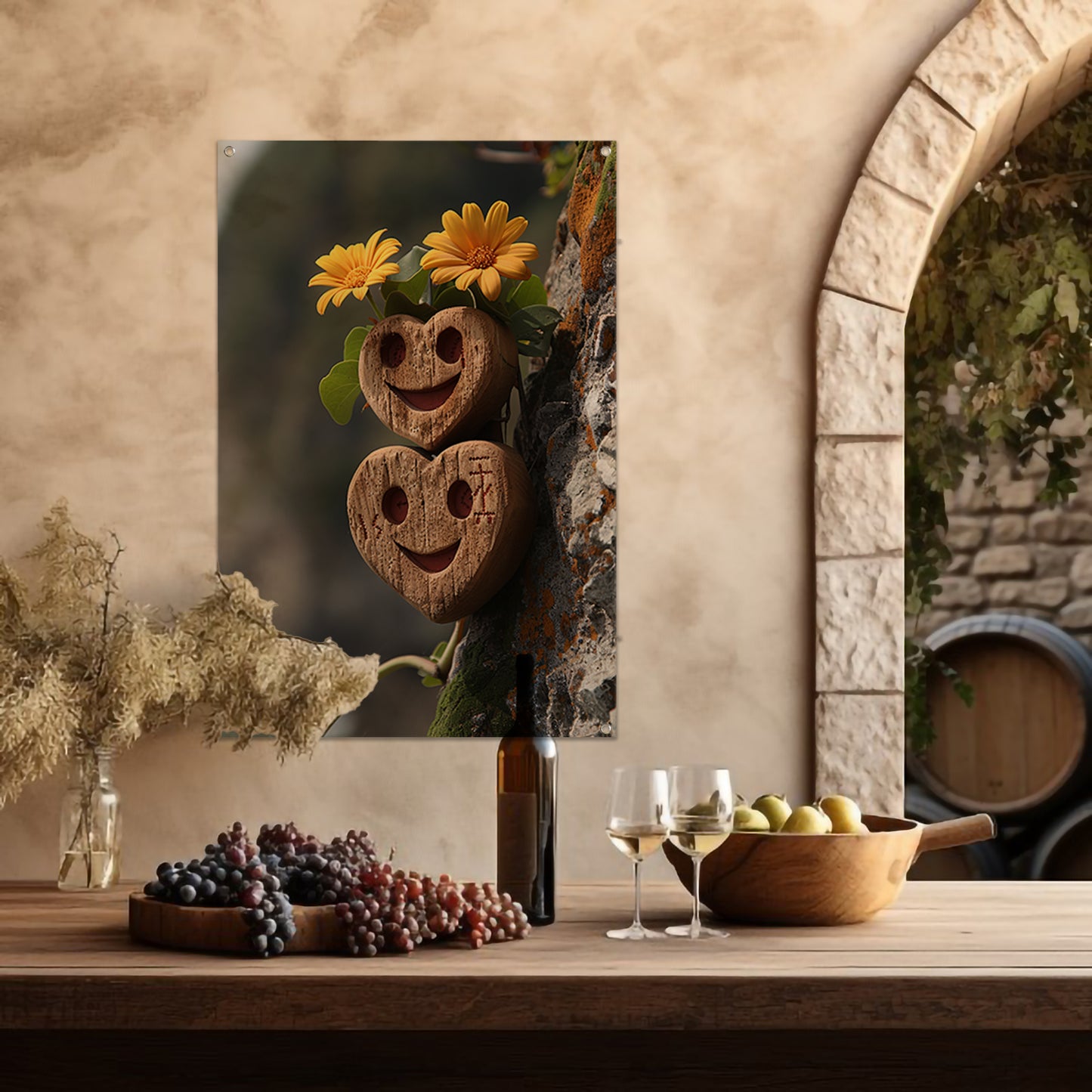 Twee houten harten met gele bloemen tuinposter
