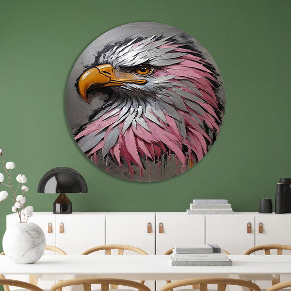 Abstract zilver en roze adelaarskop olieverfschilderij aluminium muurcirkel