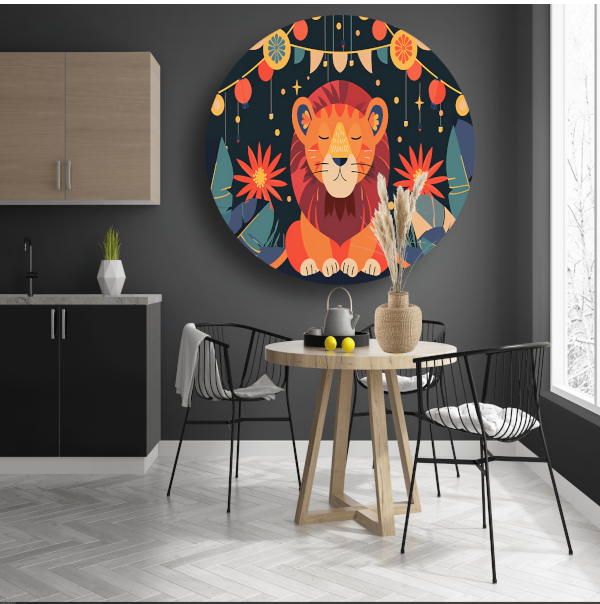 Sterrennacht met leeuw en feestlampen aluminium muurcirkel