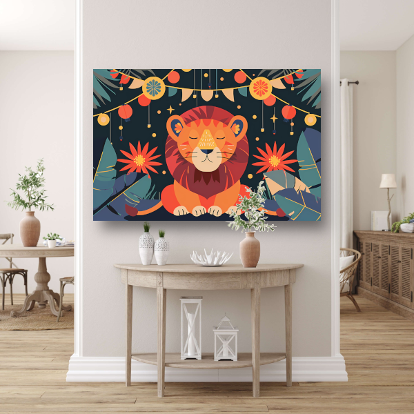 Sterrennacht met leeuw en feestlampen canvas met baklijst