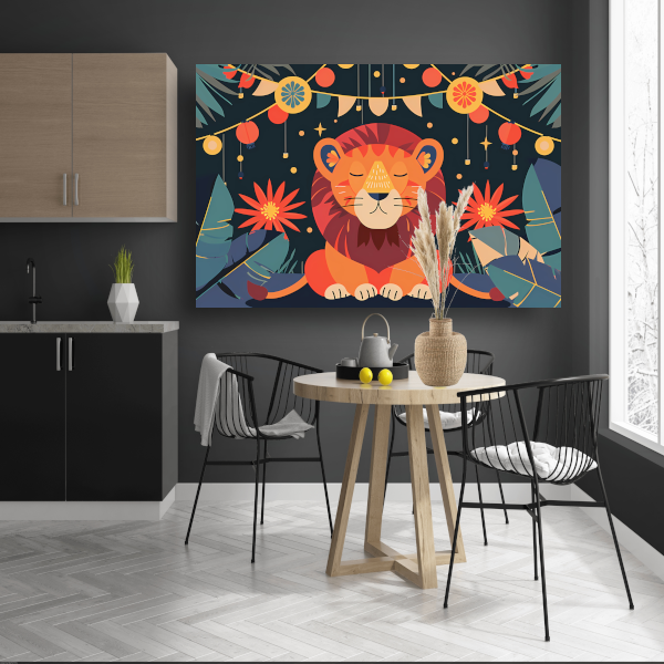 Sterrennacht met leeuw en feestlampen canvas met baklijst