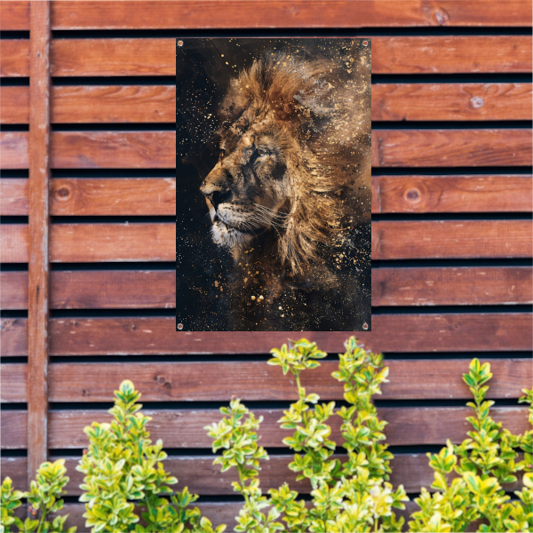Mystiek leeuw portret met verfspetters tuinposter
