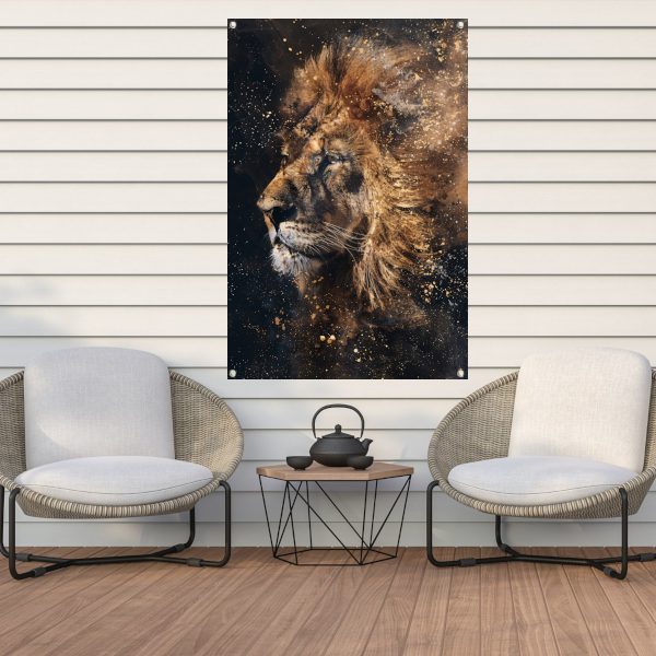 Mystiek leeuw portret met verfspetters tuinposter