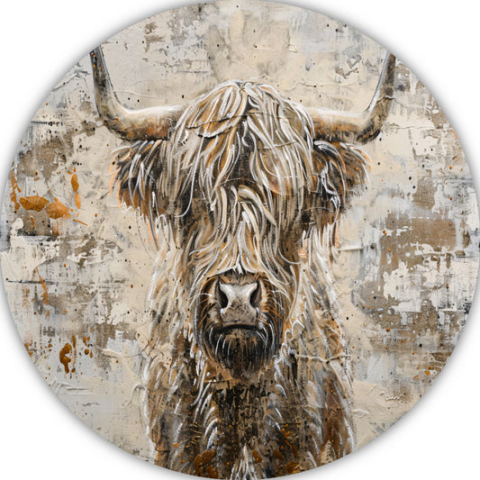 Monochrome Schotse Hooglander met Verf aluminium muurcirkel