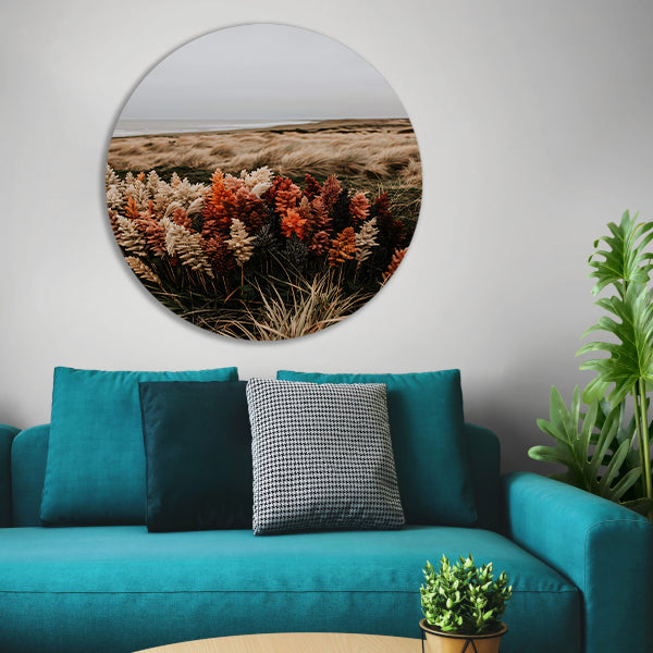 Kleurrijke bloemen aan zee aluminium muurcirkel