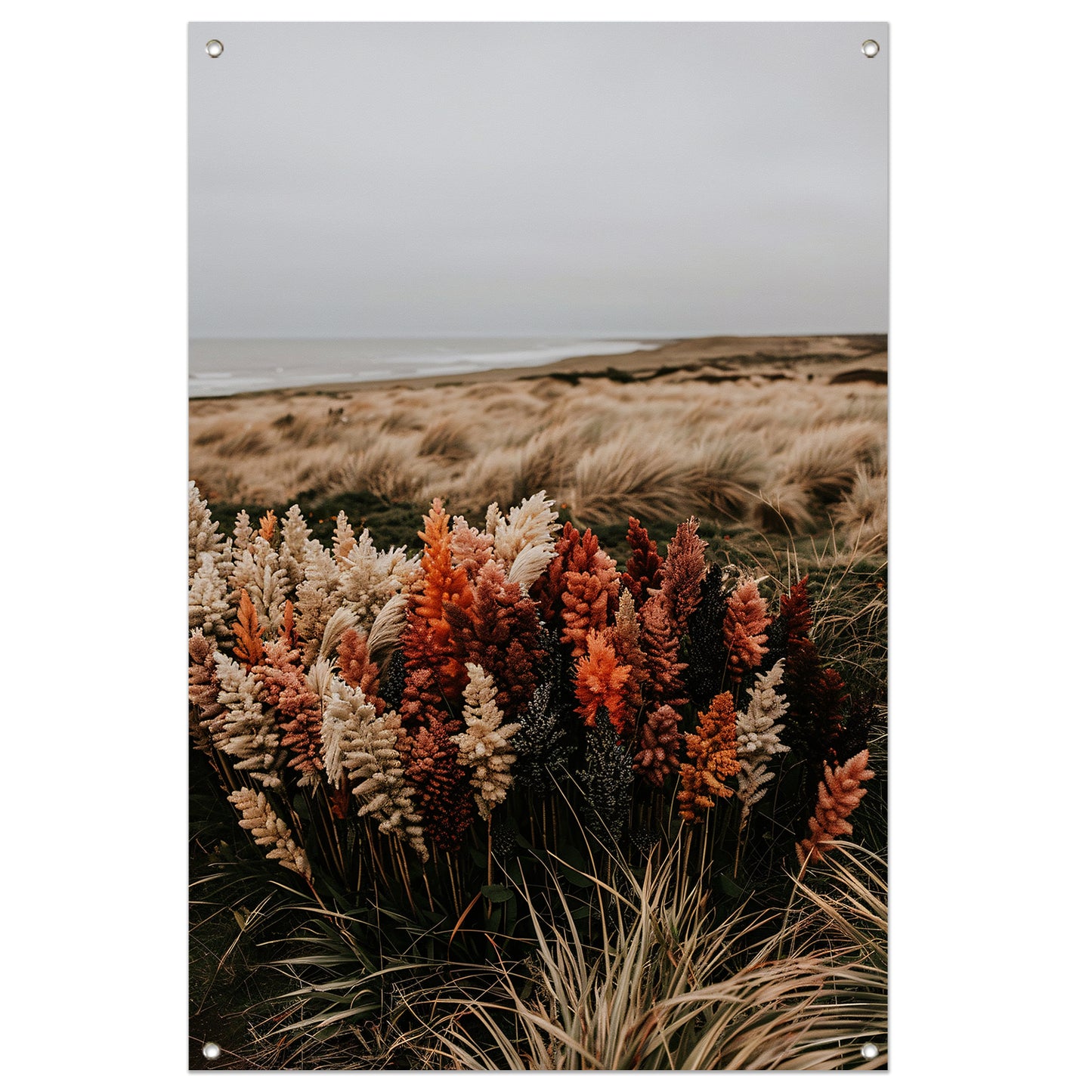 Kleurrijke bloemen aan zee tuinposter