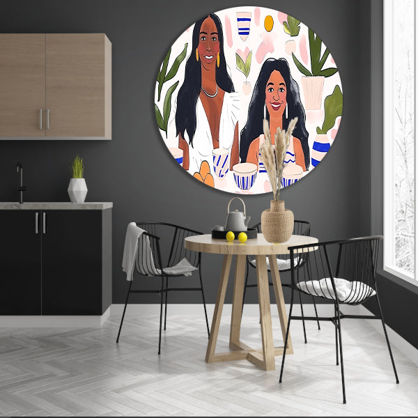 Kleurrijk portret van twee vrouwen   aluminium muurcirkel