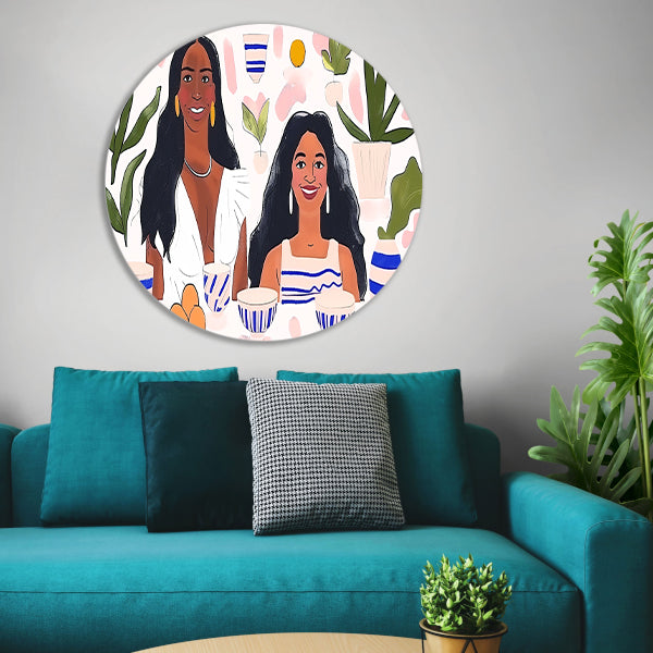 Kleurrijk portret van twee vrouwen   aluminium muurcirkel