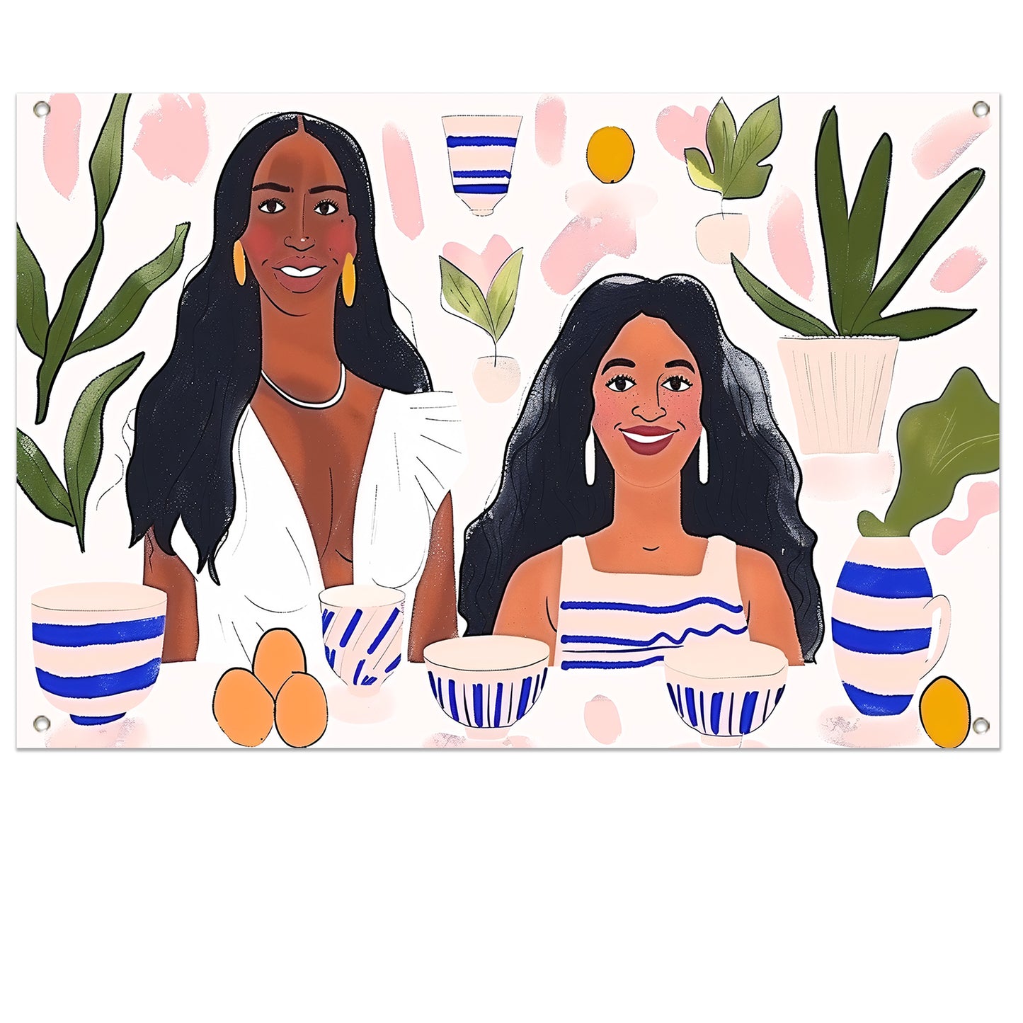 Kleurrijk portret van twee vrouwen tuinposter