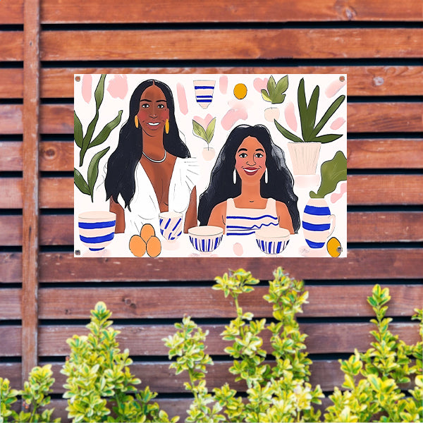 Kleurrijk portret van twee vrouwen tuinposter