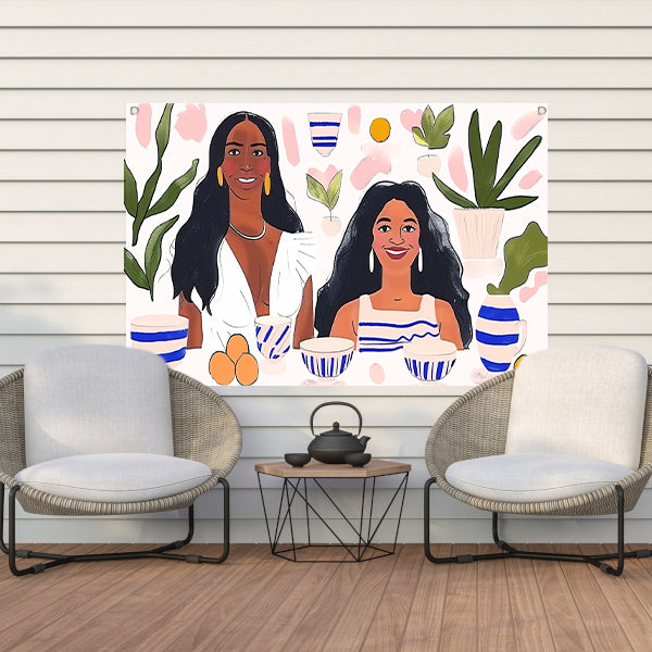 Kleurrijk portret van twee vrouwen tuinposter