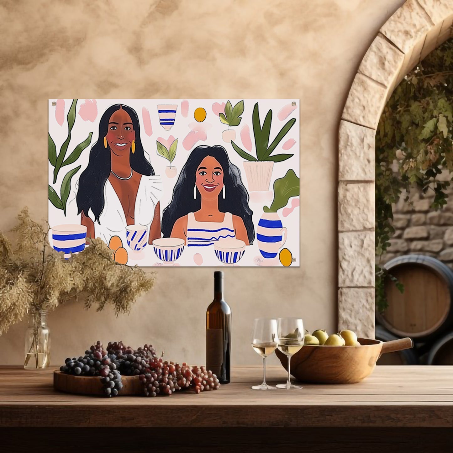 Kleurrijk portret van twee vrouwen tuinposter