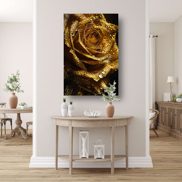 Gouden roos met fonkelende waterdruppels close-up poster