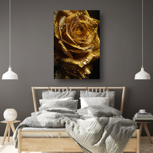 Gouden roos met fonkelende waterdruppels close-up poster