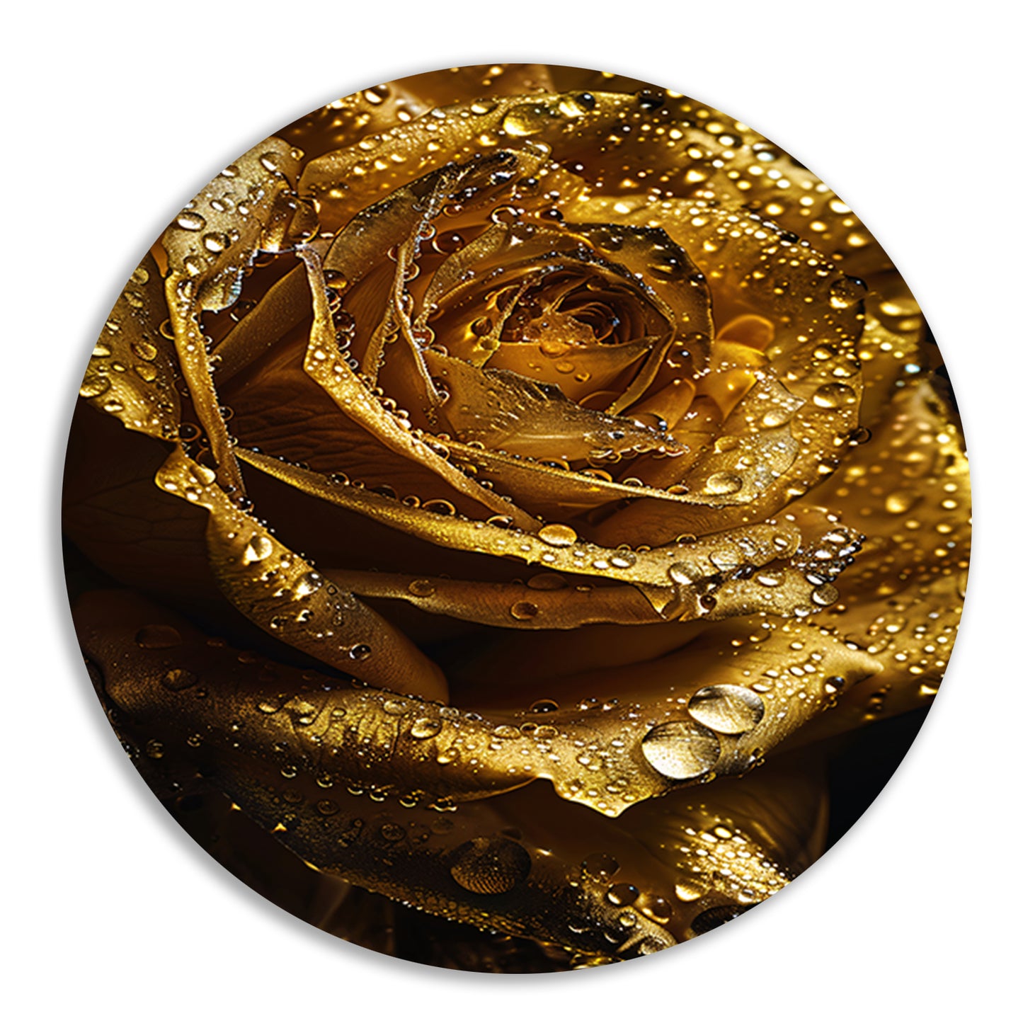 Gouden roos met fonkelende waterdruppels close-up aluminium muurcirkel
