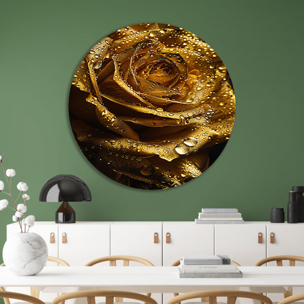 Gouden roos met fonkelende waterdruppels close-up aluminium muurcirkel