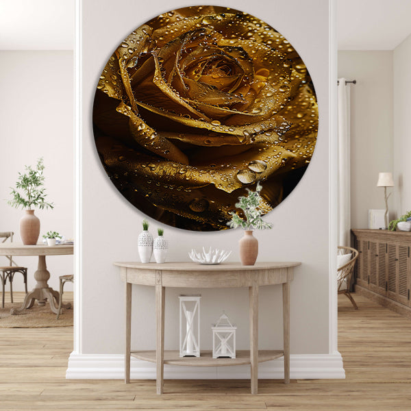 Gouden roos met fonkelende waterdruppels close-up aluminium muurcirkel