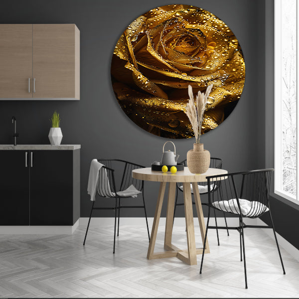 Gouden roos met fonkelende waterdruppels close-up aluminium muurcirkel