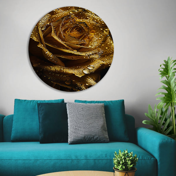 Gouden roos met fonkelende waterdruppels close-up aluminium muurcirkel