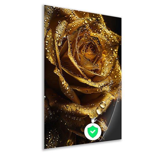Gouden roos met fonkelende waterdruppels close-up poster