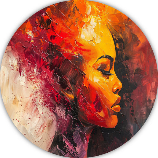 Vurige abstracte impressie van een vrouw aluminium muurcirkel