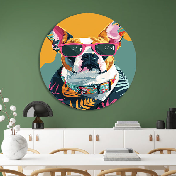 Franse Bulldog met Zonnebril en Hawaïhemd aluminium muurcirkel