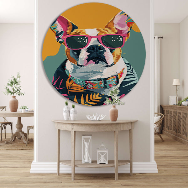 Franse Bulldog met Zonnebril en Hawaïhemd aluminium muurcirkel