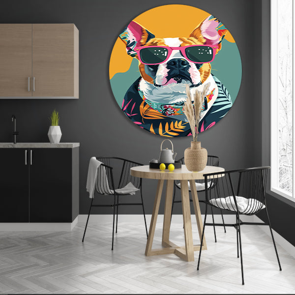 Franse Bulldog met Zonnebril en Hawaïhemd aluminium muurcirkel