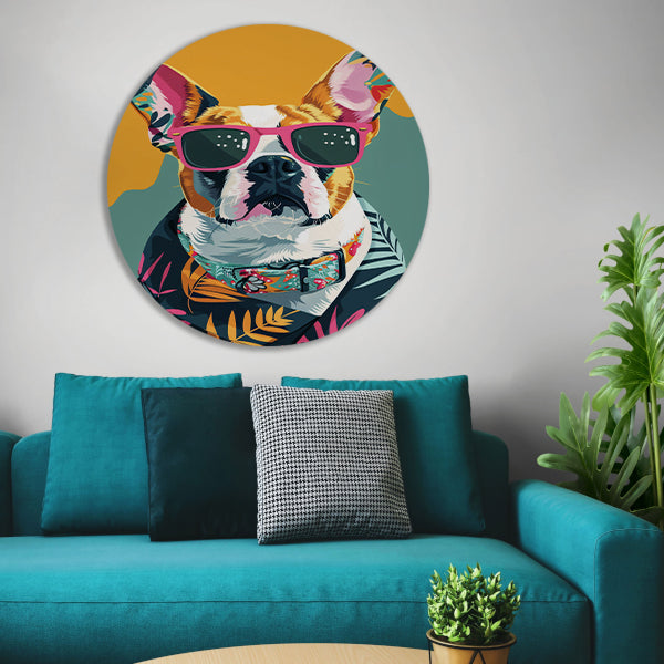 Franse Bulldog met Zonnebril en Hawaïhemd aluminium muurcirkel