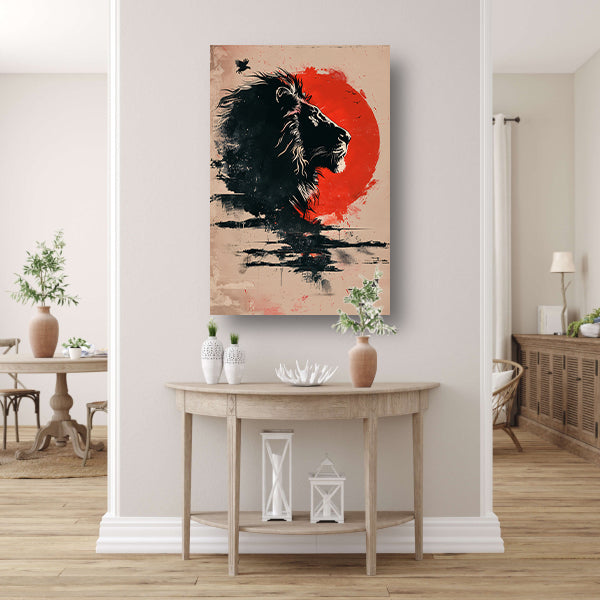 Silhouet van een trotse leeuw bij zonsondergang canvas