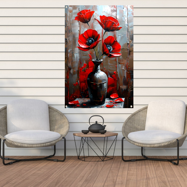 Moderne Rode Bloemen in Stijlvolle Zwarte Vaas tuinposter
