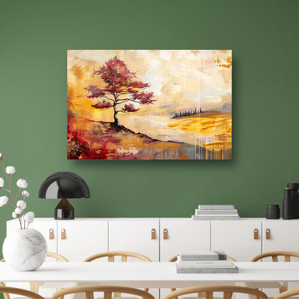 Surrealistische kleurrijke boom in zomers landschap poster