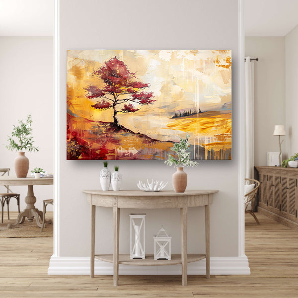 Surrealistische kleurrijke boom in zomers landschap poster