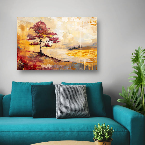 Surrealistische kleurrijke boom in zomers landschap poster