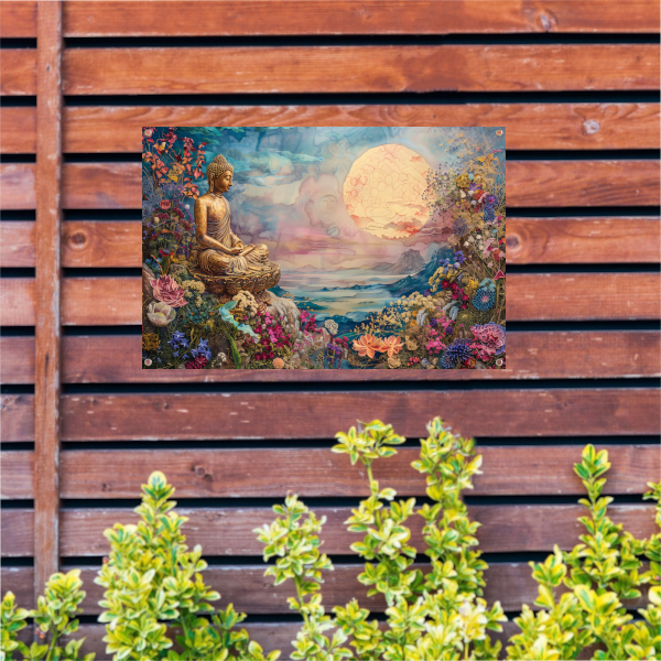 Mediterende Boeddha in Bloeiend Paradijs tuinposter