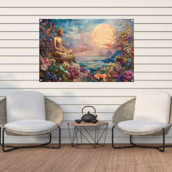 Mediterende Boeddha in Bloeiend Paradijs tuinposter