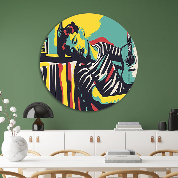 Muzikant in kleurrijke abstracte stijl aluminium muurcirkel